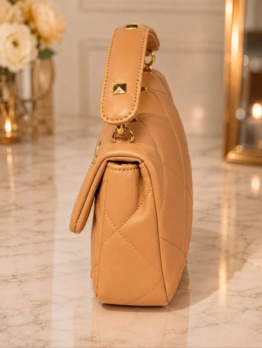 Quilted Top-Handle Stud Accent Shoulder Bag - Caramel Blush Nude